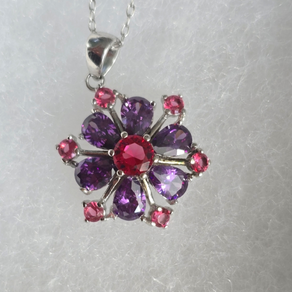 Sterling Silver Necklace with Pink/Purple Flower
